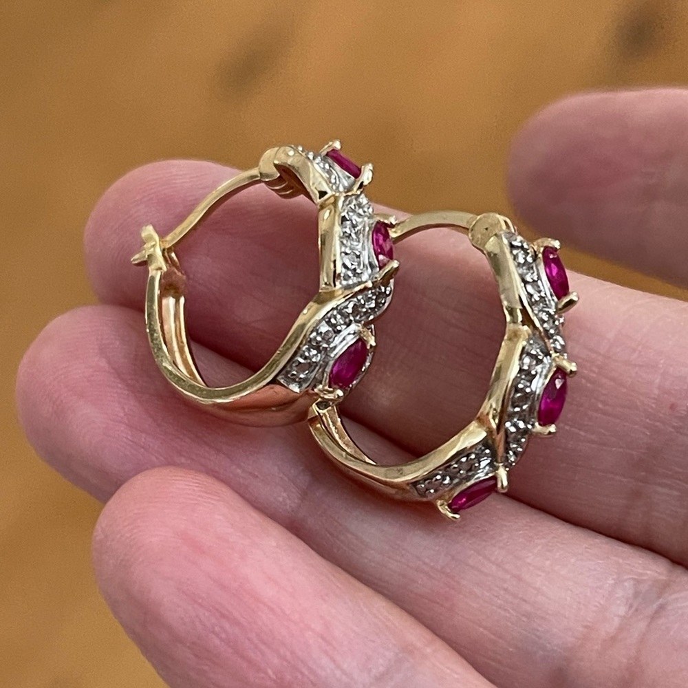 Natural diamond & lab grown ruby gold plated sterling silver earrings